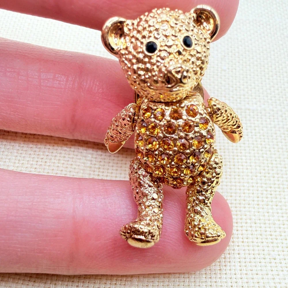 Vintage NAPIER Gold Tone Articulated Teddy Bear Pin Clear Brown Rhinestone Belly